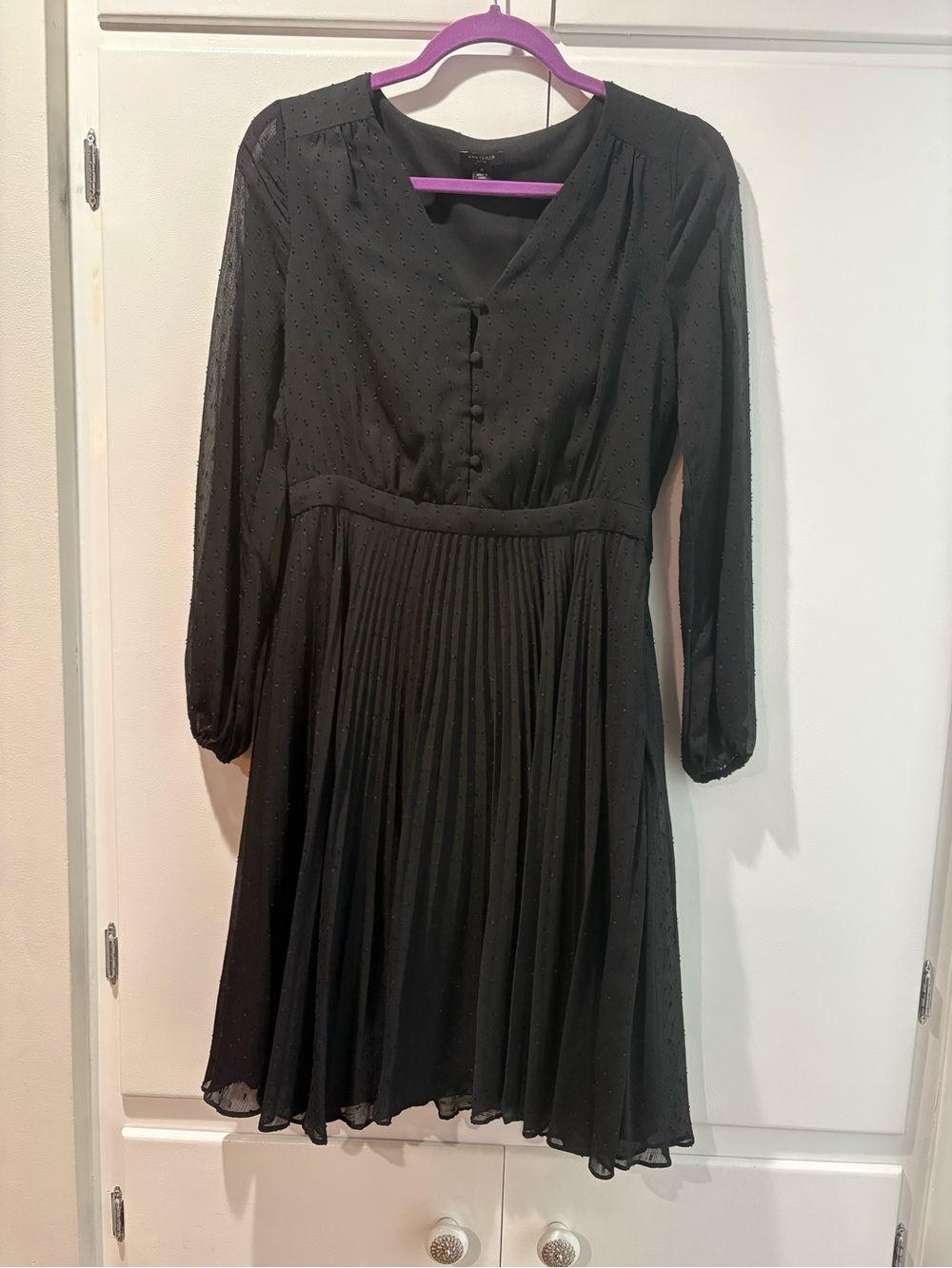 Ann Taylor Black Pleated Long-Sleeve Mini Dress